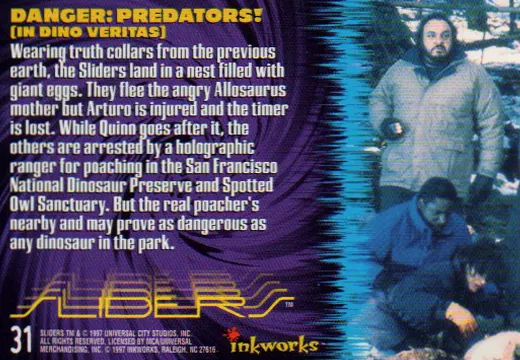Sliders Inkworks Danger Predators from the episode In Dino Veritas back side