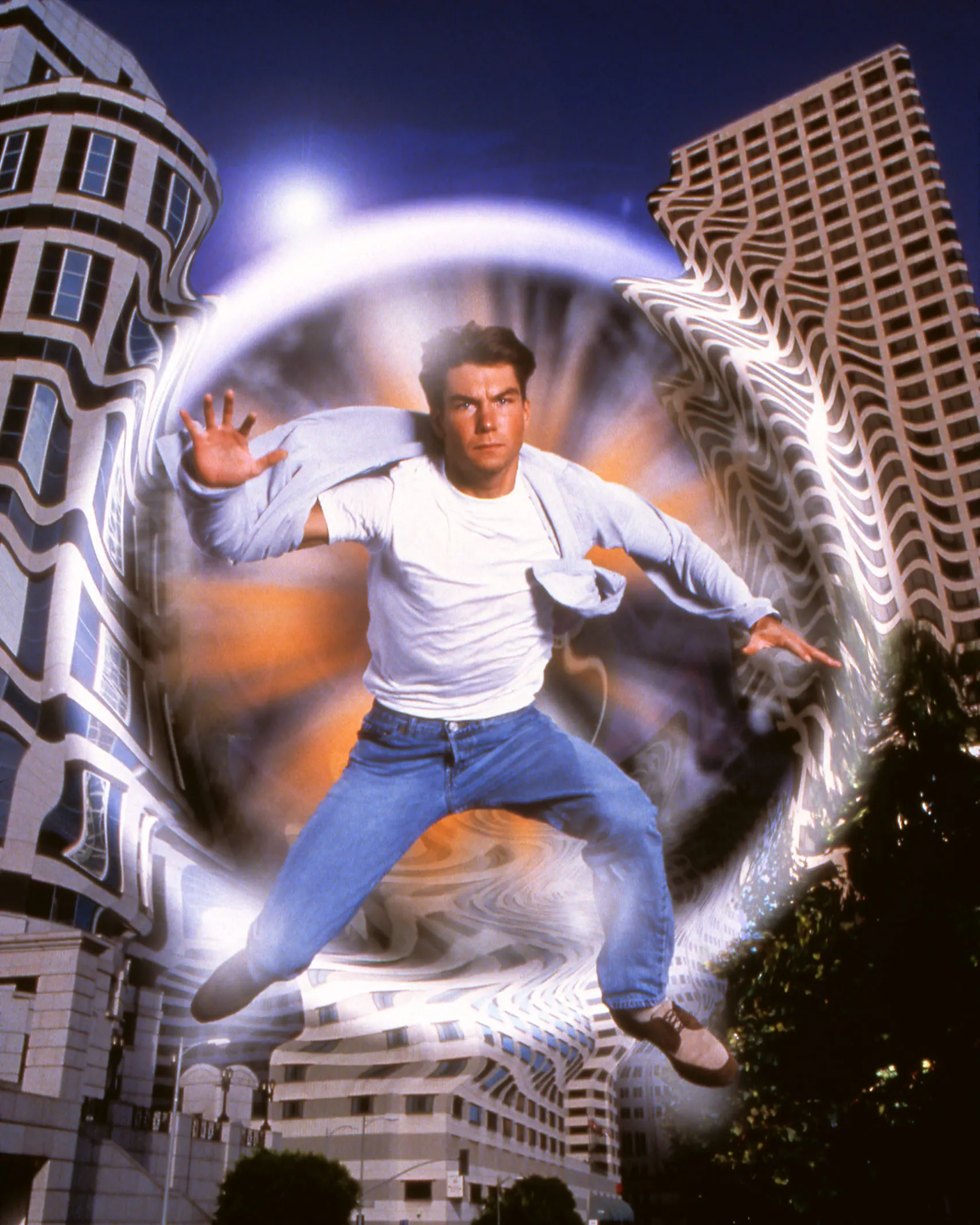 Sliders promo photo with Quinn Mallory (Jerry O'Connell) emerging from the vortex
